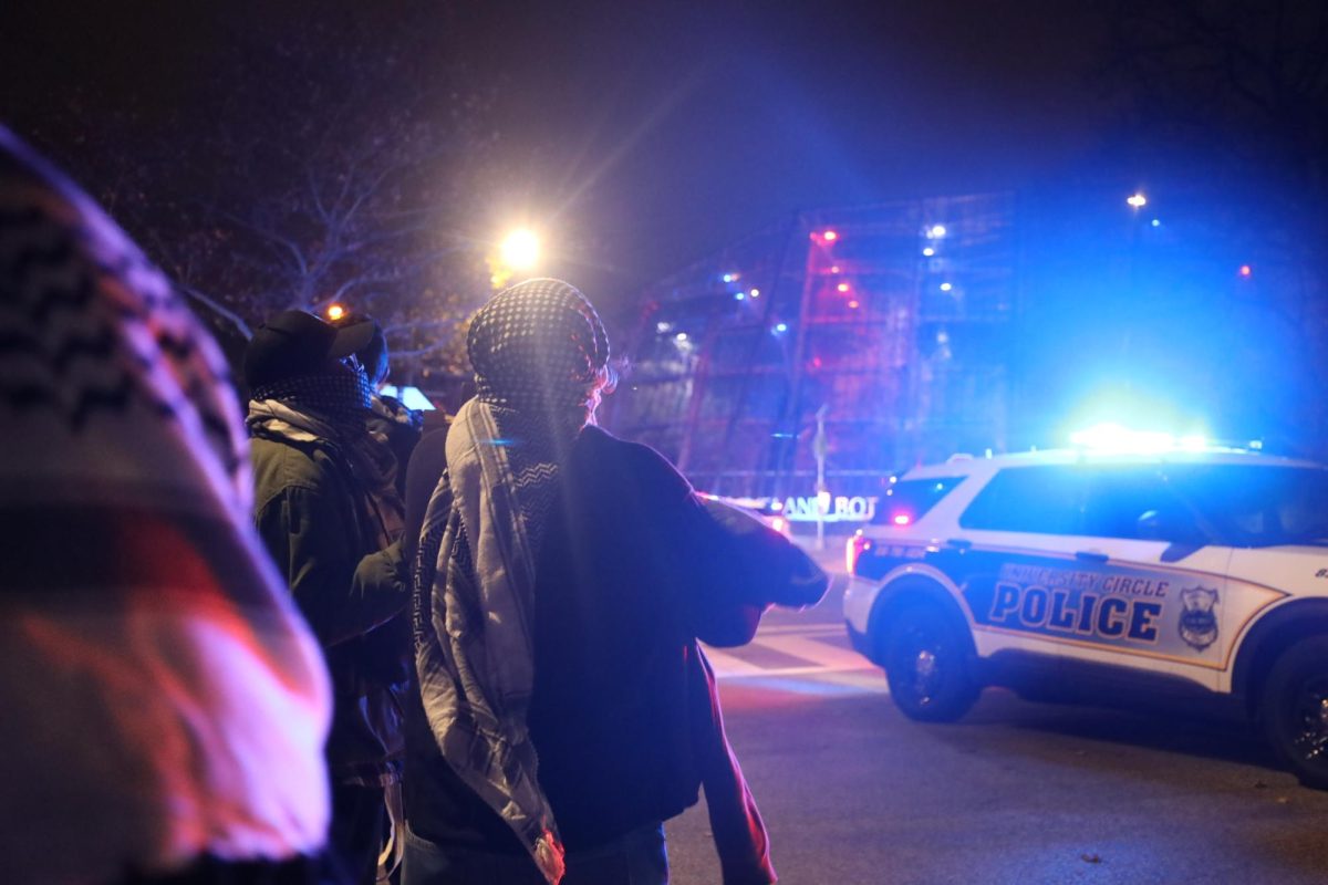 As part of a rally organized by the CWRU chapter of Students for Justice in Palestine, dozens of individuals took to the streets after gathering outside of the CWRU Division of Public Safety Headquarters Building to protest against the alleged maltreatment of three students arrested for vandalism.