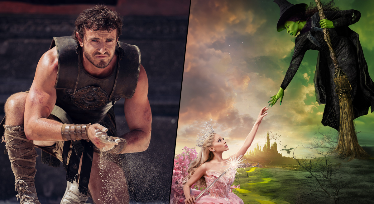 Paul Mescal (left) stars in "Gladiator II" as Lucius Verus. Ariana Grande (middle) and Cynthia Erivo (right) star in "Wicked" as Glinda and Elphaba, respectively. Both movies premiere on Friday, Nov. 22. 