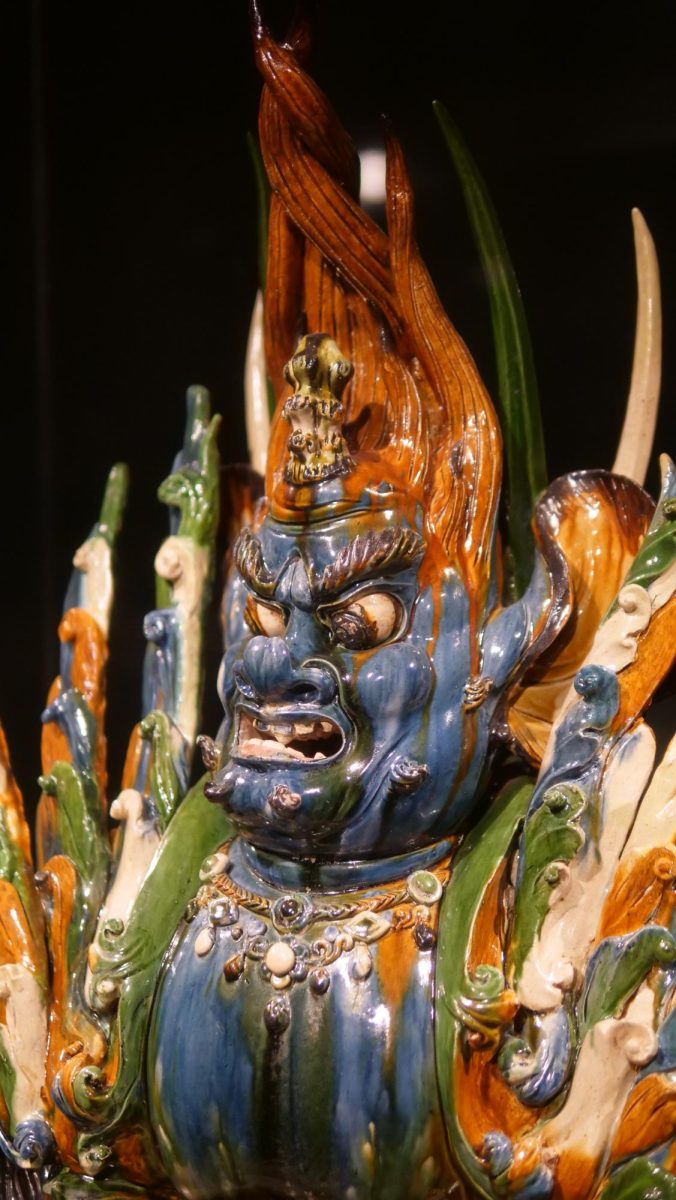 The CMA exhibit "Demons, Ghosts, and Goblins in Chinese Art" featured Daoist, Confucian and Buddhist artwork, including this Tomb Guardian. Made in the early 700s, its multicolored glaze shows the deceased individual's high social status. 