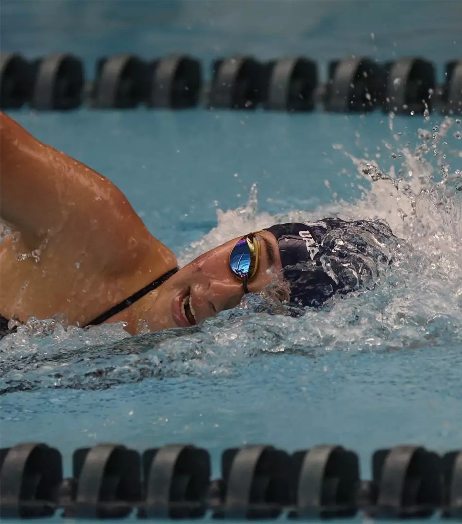 Second-year Maggie Rose Rook took first place in the 200-yard freestyle race at the meet against SUNY Geneseo last weekend.