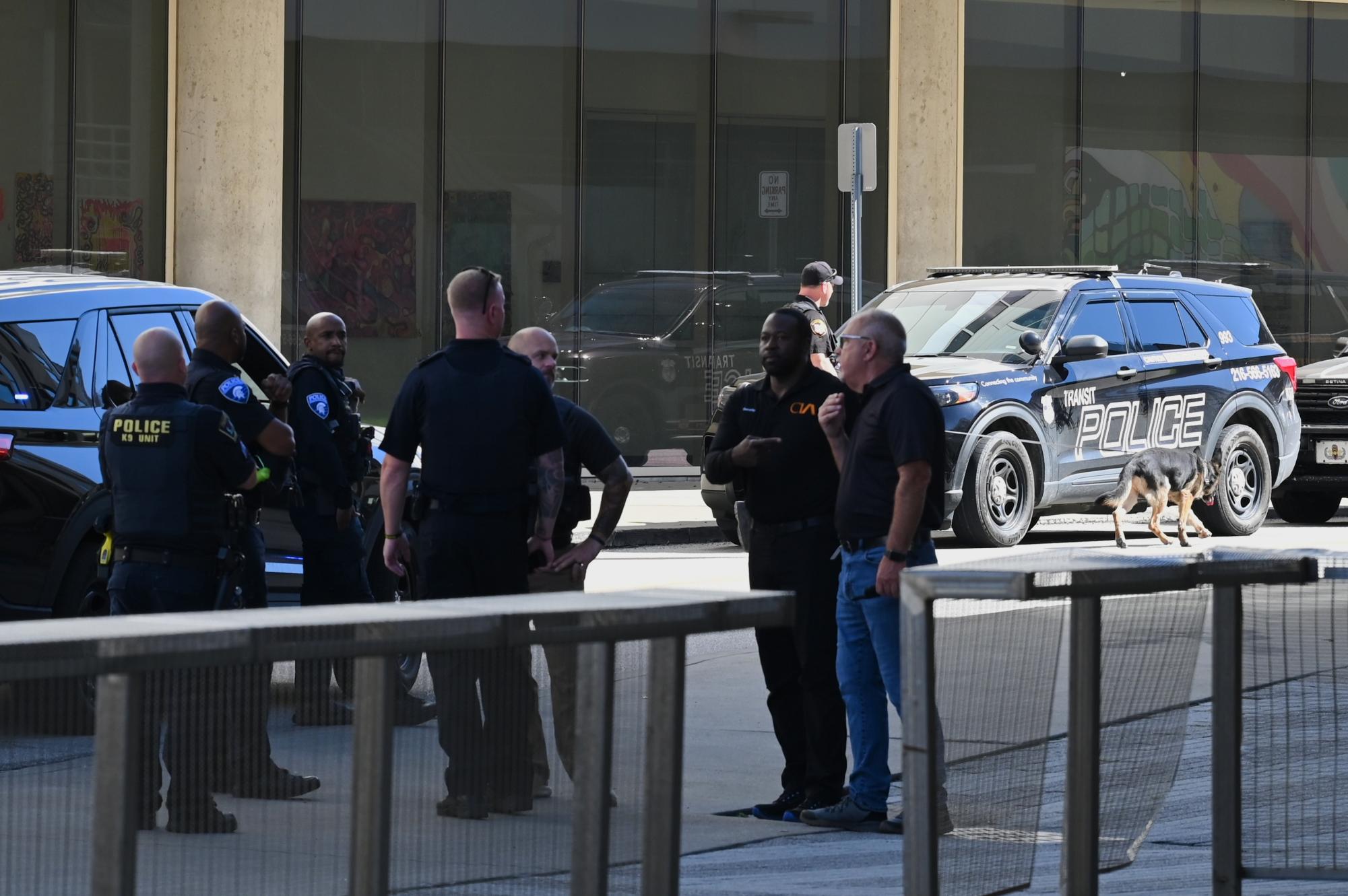 Police officers patrol Euclid Ave due to a bomb threat at the Cleveland Institute of Art, Tuesday, Oct. 1, 2025.