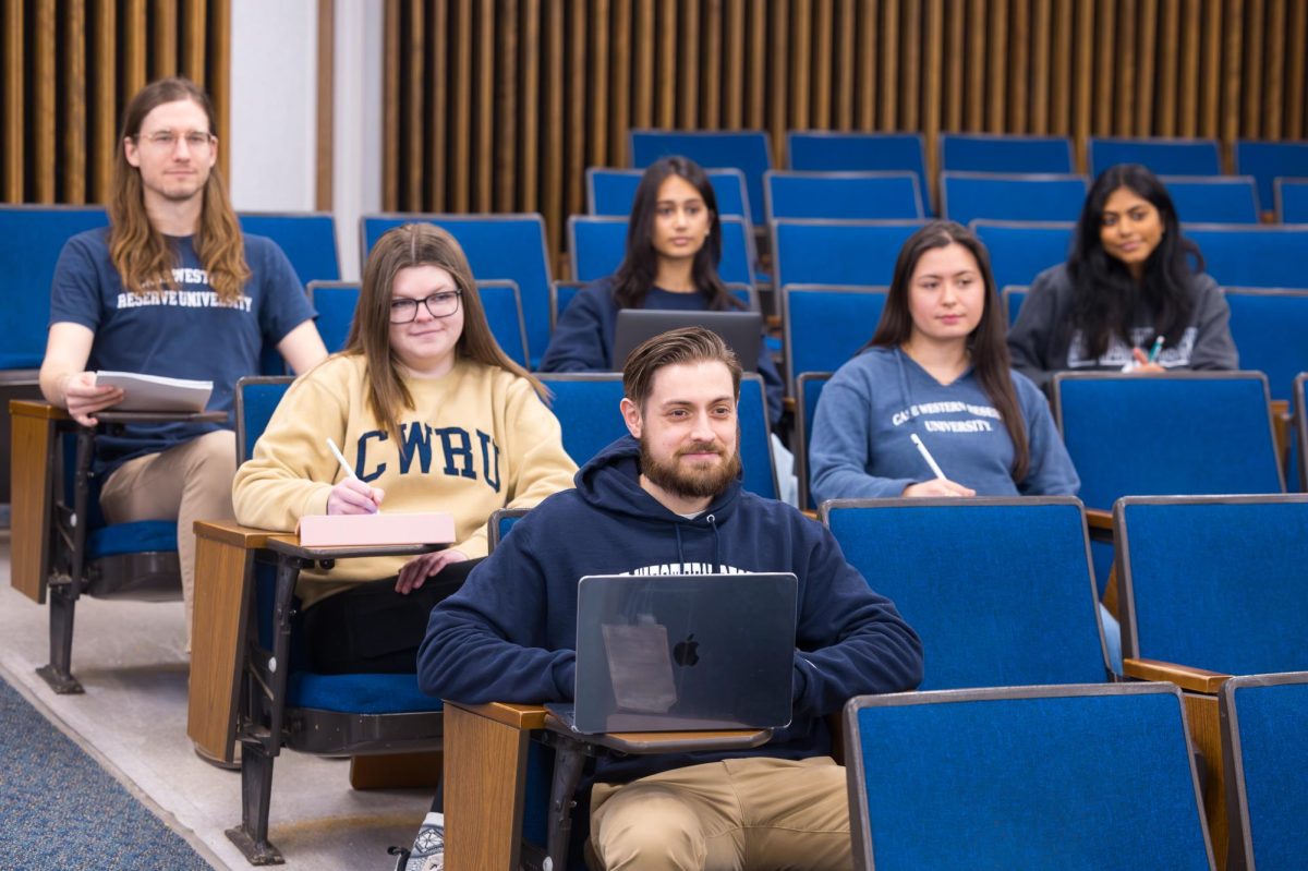 Students pose in a lecture hall in the School of Medicine on Jan. 29, 2024, in Cleveland. (Courtesy of Matt Shiffler via Case Western Reserve University)